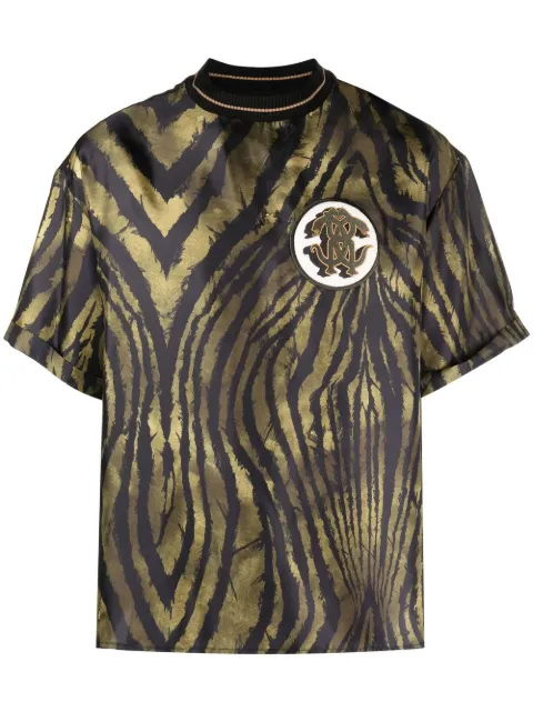 Roberto Cavalli tiger-print logo-patch silk T-shirt