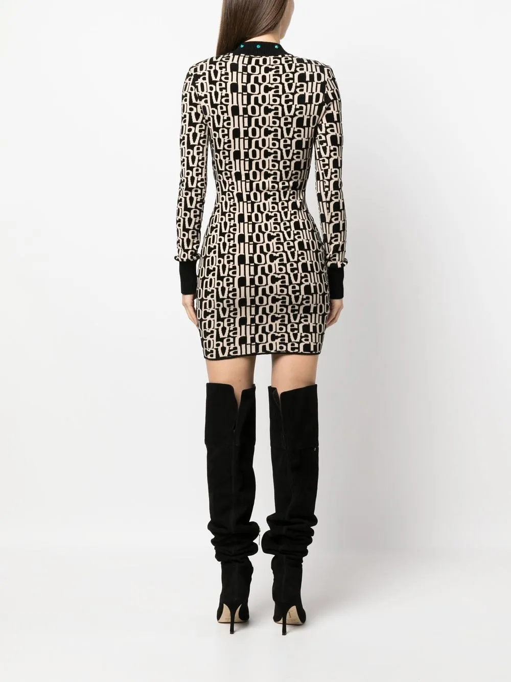 Shop Roberto Cavalli Logo Intarsia Long-sleeve Minidress In Black