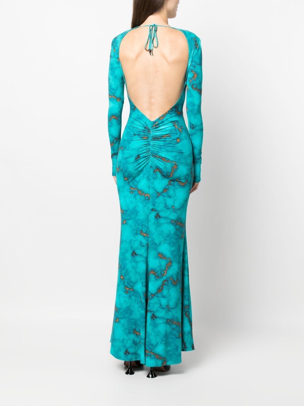 Shop Roberto Cavalli Ruched Marble-print Dress In Blue