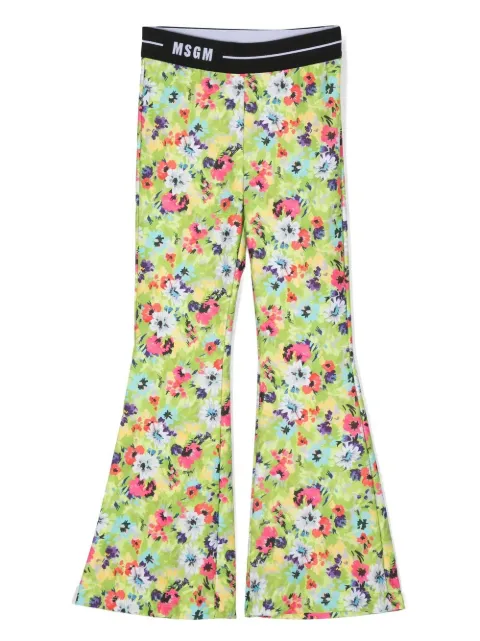 MSGM Kids floral logo-waistband flared leggings