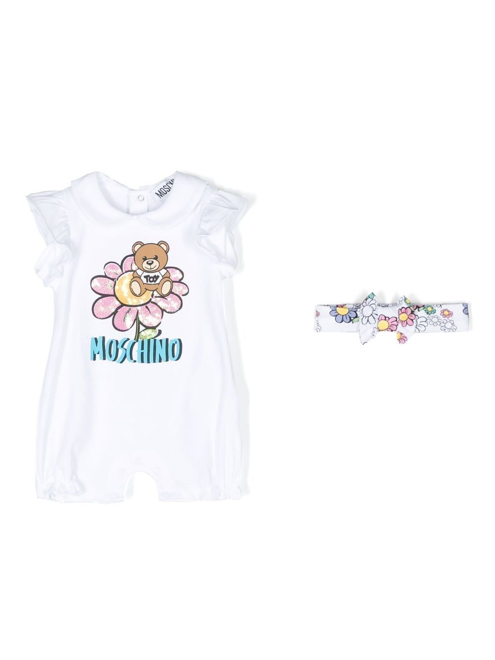 Moschino Babies' Teddy Bear 印花连体衣与发带 In White