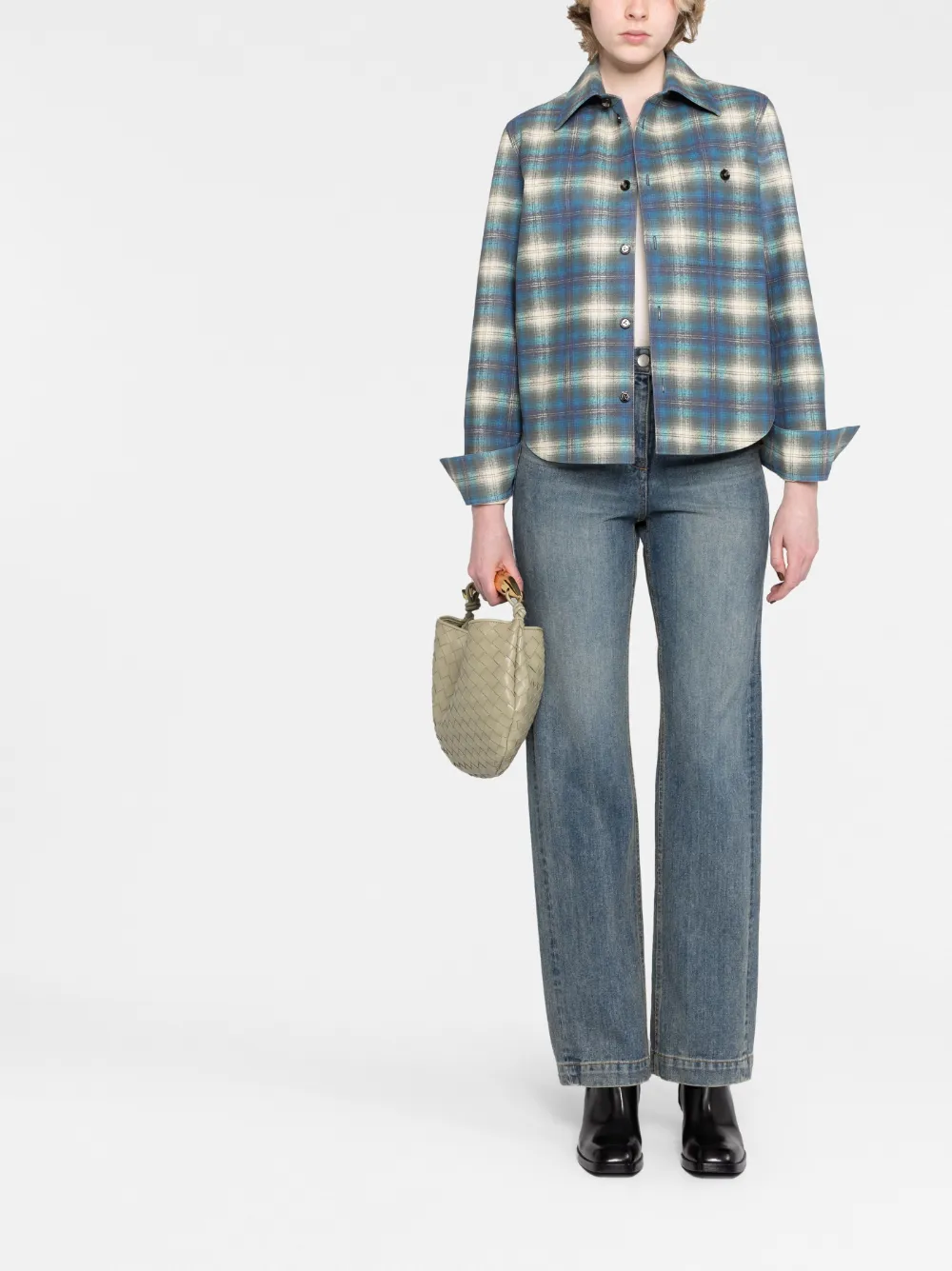 Shop Bottega Veneta Check-pattern Leather Shirt In Blue