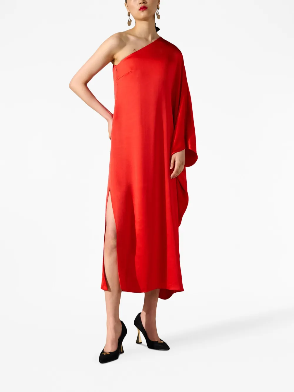 Shop Karl Lagerfeld One-shoulder Satin-finish Dress In Red