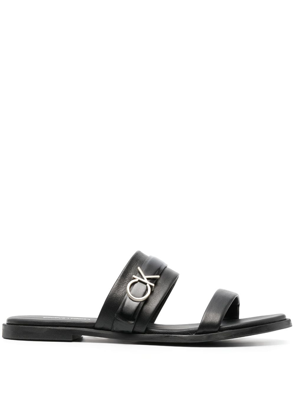 Shop Calvin Klein Logo-lettering Flat Leather Sandals In Black