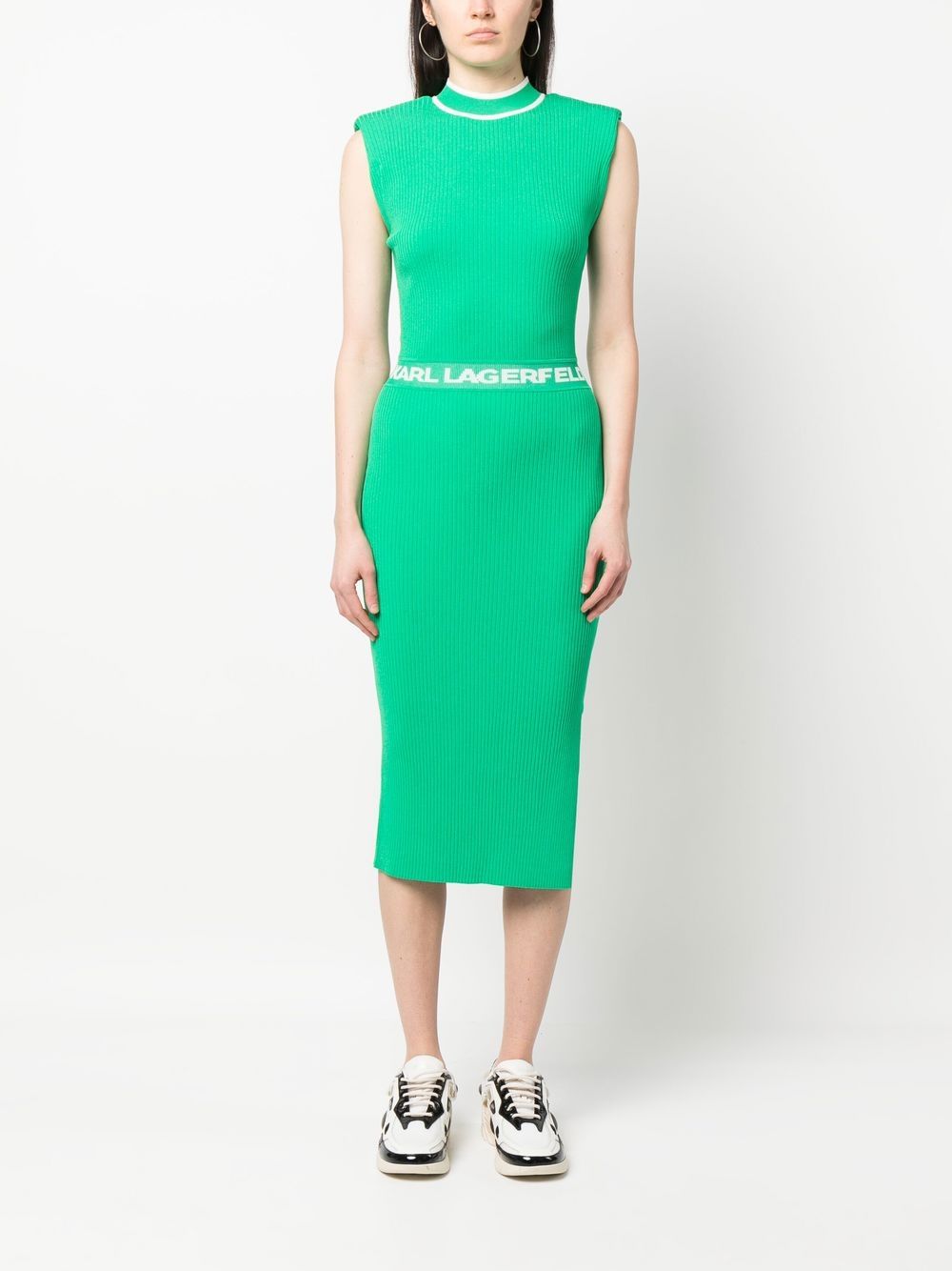 Shop Karl Lagerfeld Logo-waist Knitted Dress In Green