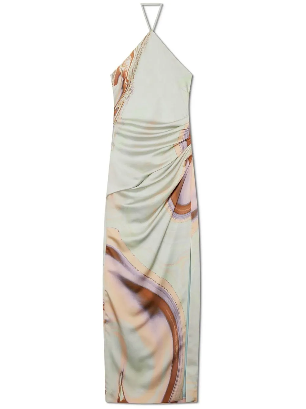 Simkhai Hansel Ruched Printed Satin Halterneck Gown In Seafoam Marble Print