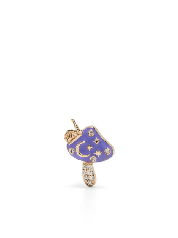 Sydney Evan 14kt Yellow Gold Celestial Mushroom Diamond and Enamel Stud Earring in Purple