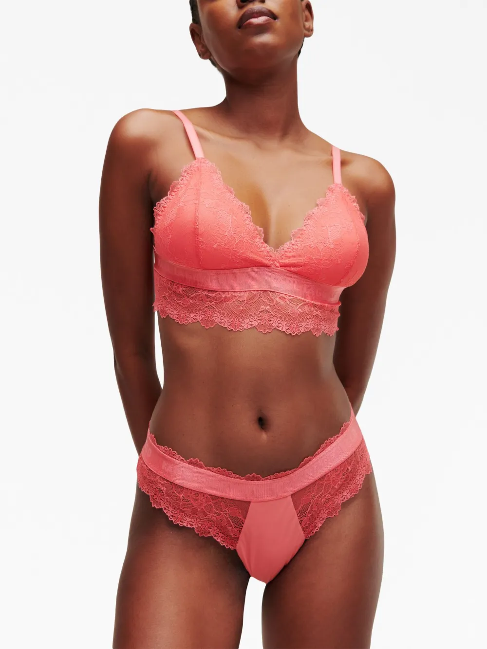 Karl Lagerfeld Logo-tape Padded Lace Bra In Pink