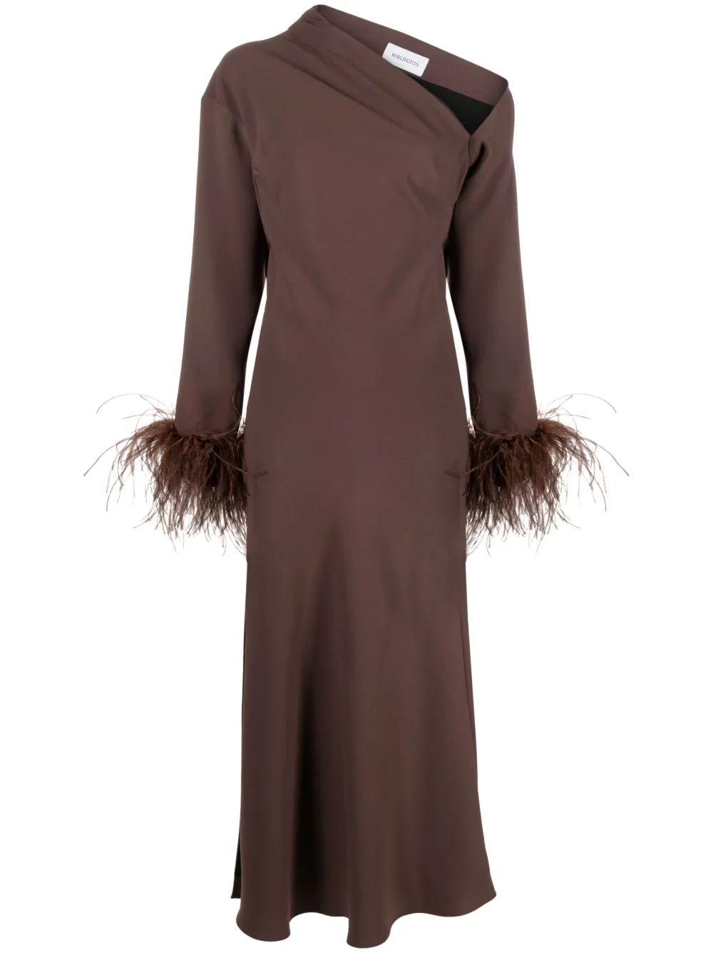 16arlington Adelaide Asymmetric Feather-trim Crepe Midi Dress In Brown