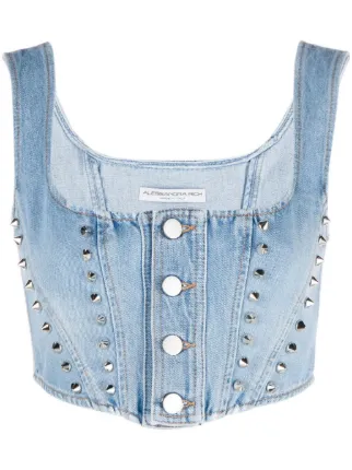 Alessandra Rich Studded Denim Bustier Top Blue FARFETCH UK