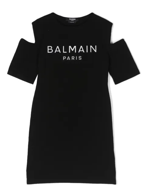 Balmain Kids logo-print cold-shoulder dress