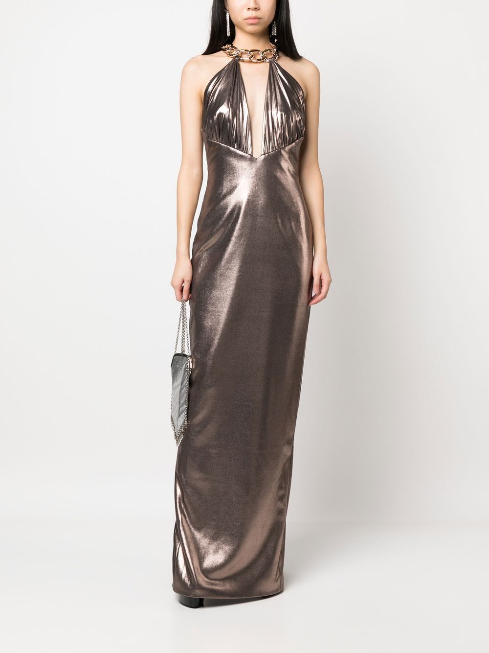 Shop Jean Louis Sabaji Metallic-effect Sleeveless Maxi Dress In Brown