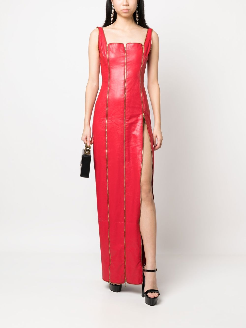 Shop Jean Louis Sabaji Zip-detail Faux Leather Maxi Dress In Red