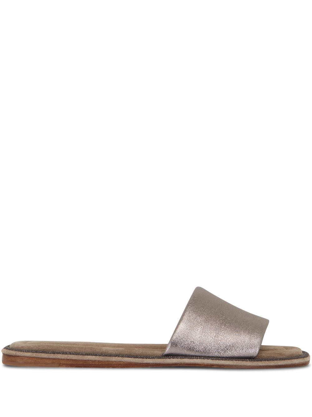 Brunello Cucinelli Metallic Calfskin Flat Slide Sandals In Argento