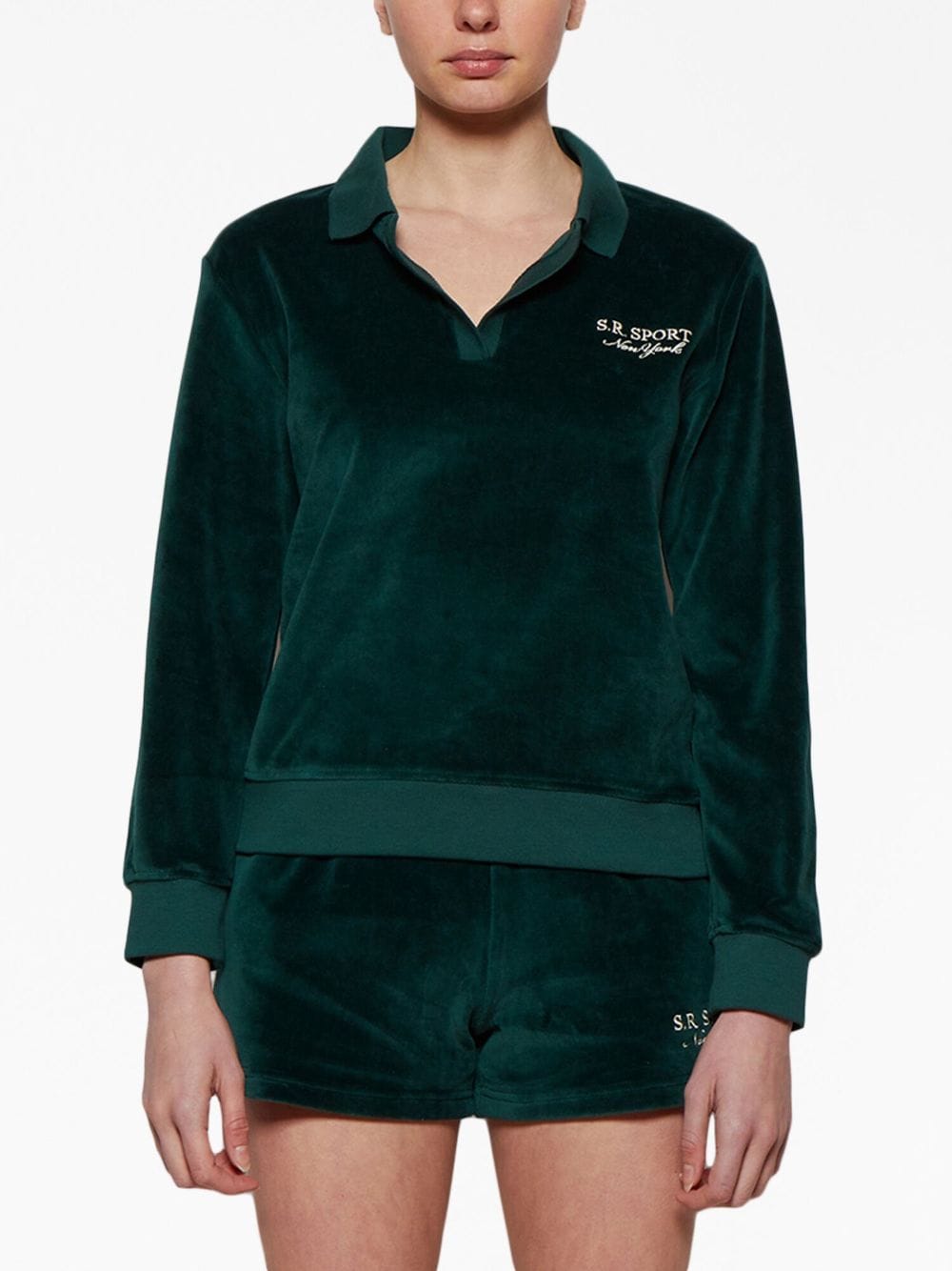 Shop Sporty And Rich Long-sleeve Velour Polo Top In Green
