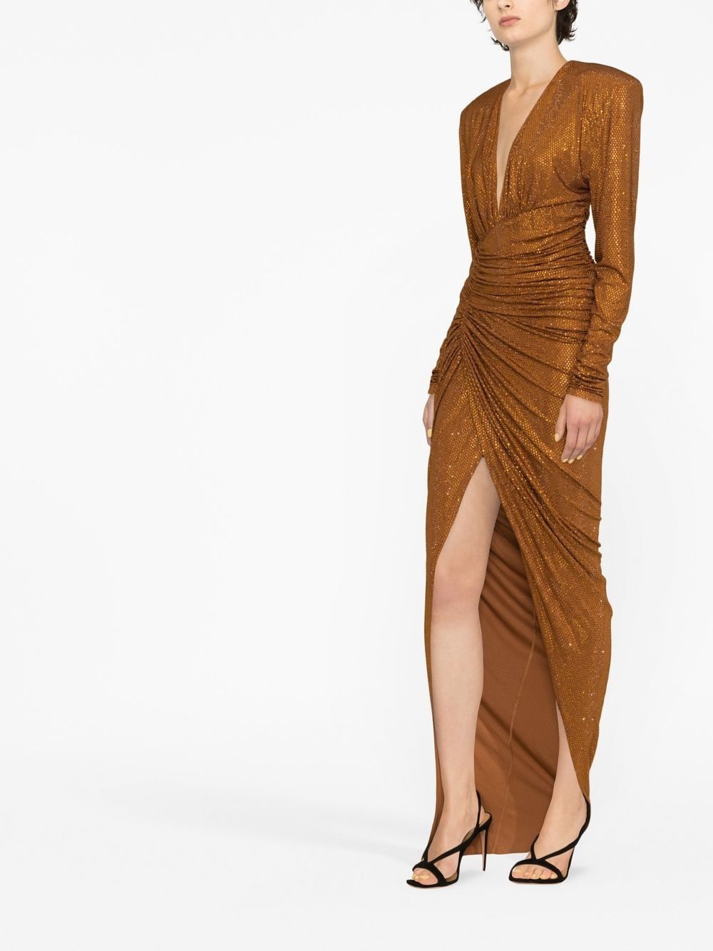 Shop Alexandre Vauthier Microcrystal-embellished Ruched Gown In 褐色