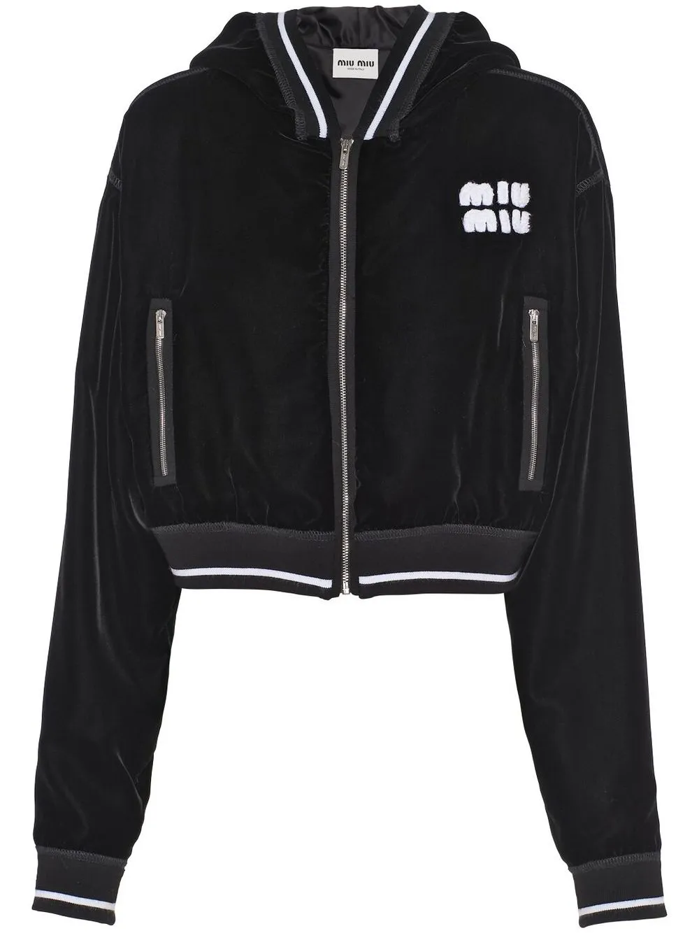 

Miu Miu logo-applique velvet zipped hoodie - Black