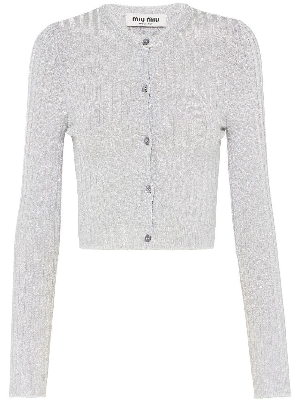 Shop Miu Miu Lamé Ribbed-knit Cropped Cardigan In Grey
