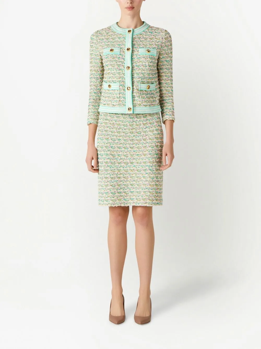 St John Multi Boucle Tweed Jacket With Pockets In Green