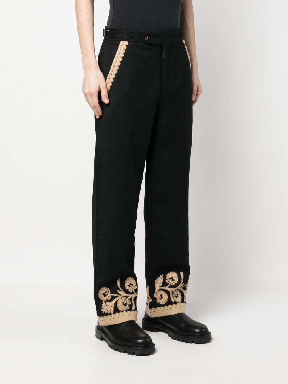 Shop Bode Embroidered-hem Detail Trousers In Black