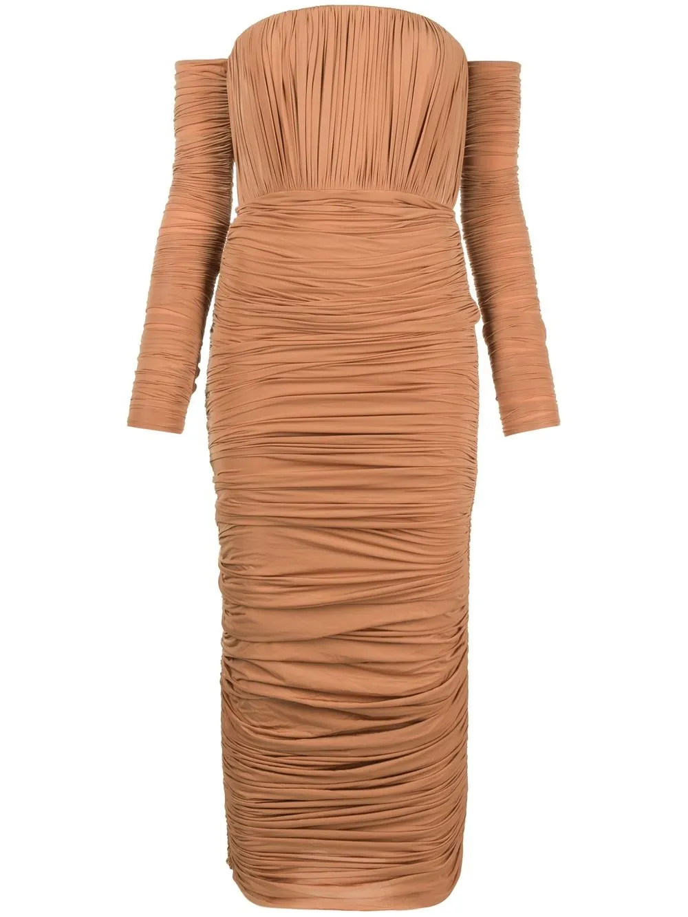 Alex Perry Sterling Off-shoulder Ruched Dress In Brown