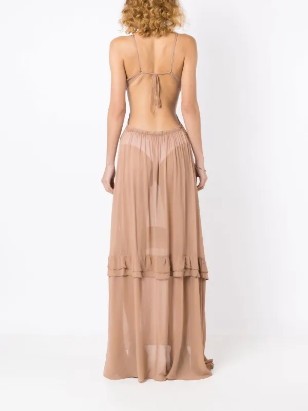 brown sheer maxi dress Sheer Luck Thea Sheath Mesh Backless Maxi Dress (Light Brown) M
