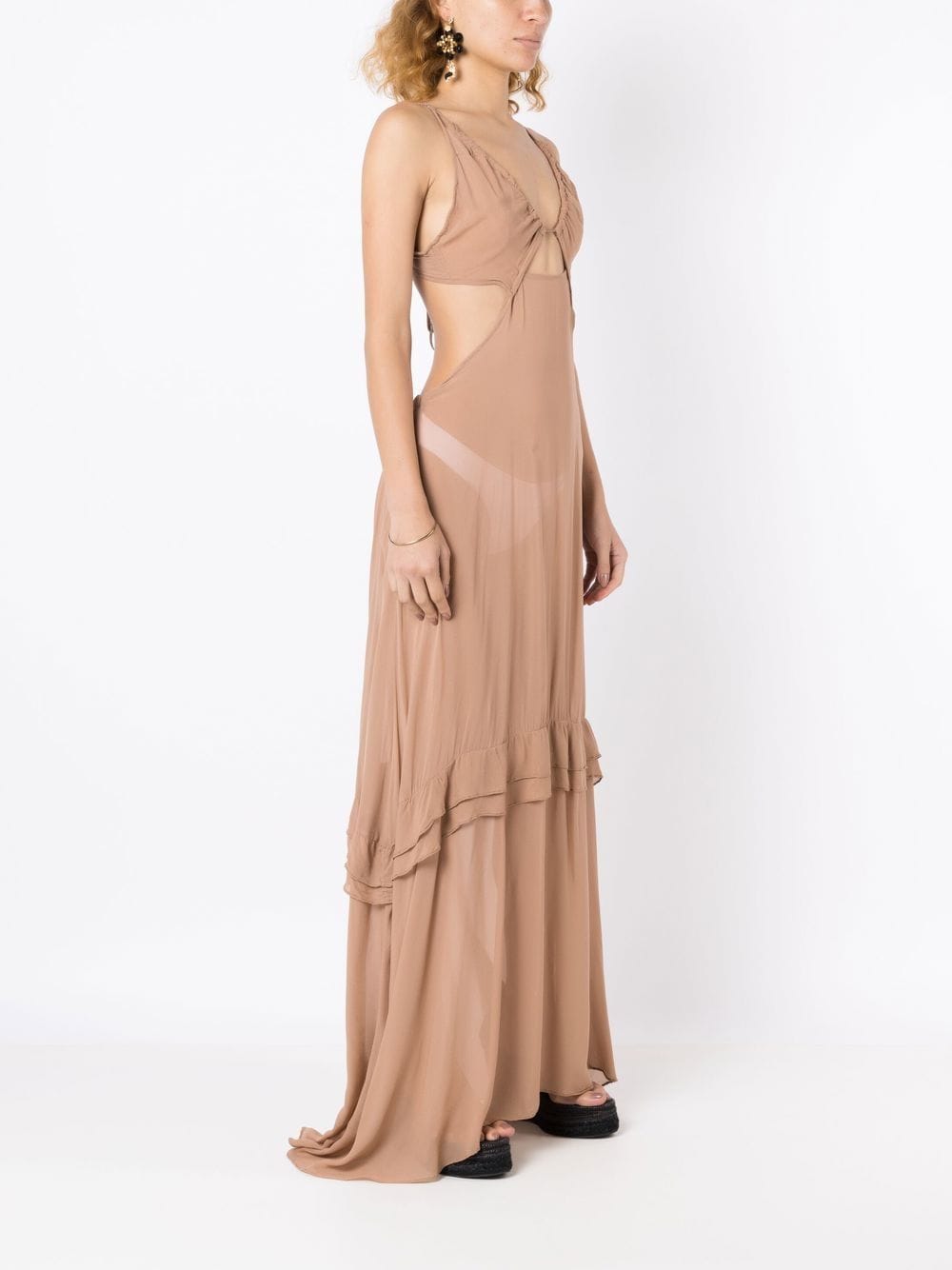 Shop Amir Slama Cut-out Semi-sheer Maxi Dress In Brown