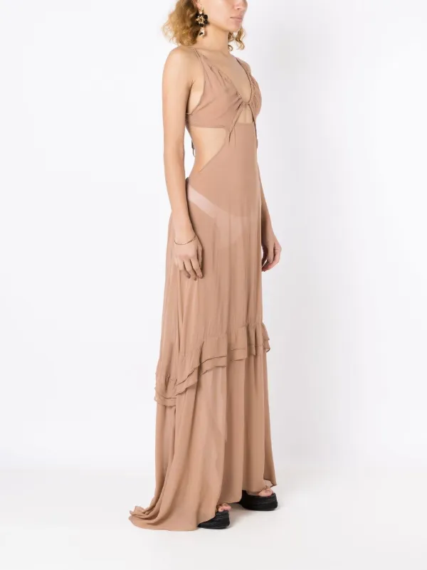 brown sheer maxi dress Naura Sheer Open-Back Maxi Dress in Chocolate Brown