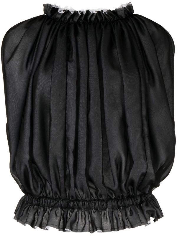 Silk Sleeveless Ruffle Blouse in Black