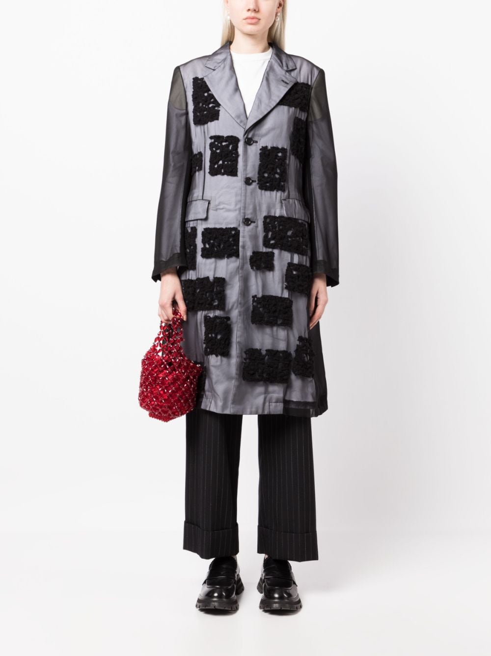 Shop Comme Des Garçons Crochet-overlay Single-breasted Coat In Black