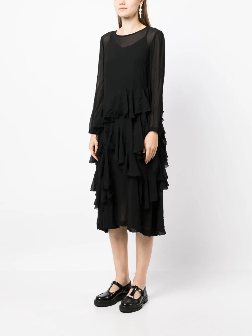 Comme Des Garçons Semi-sheer Tiered Midi Dress In Schwarz