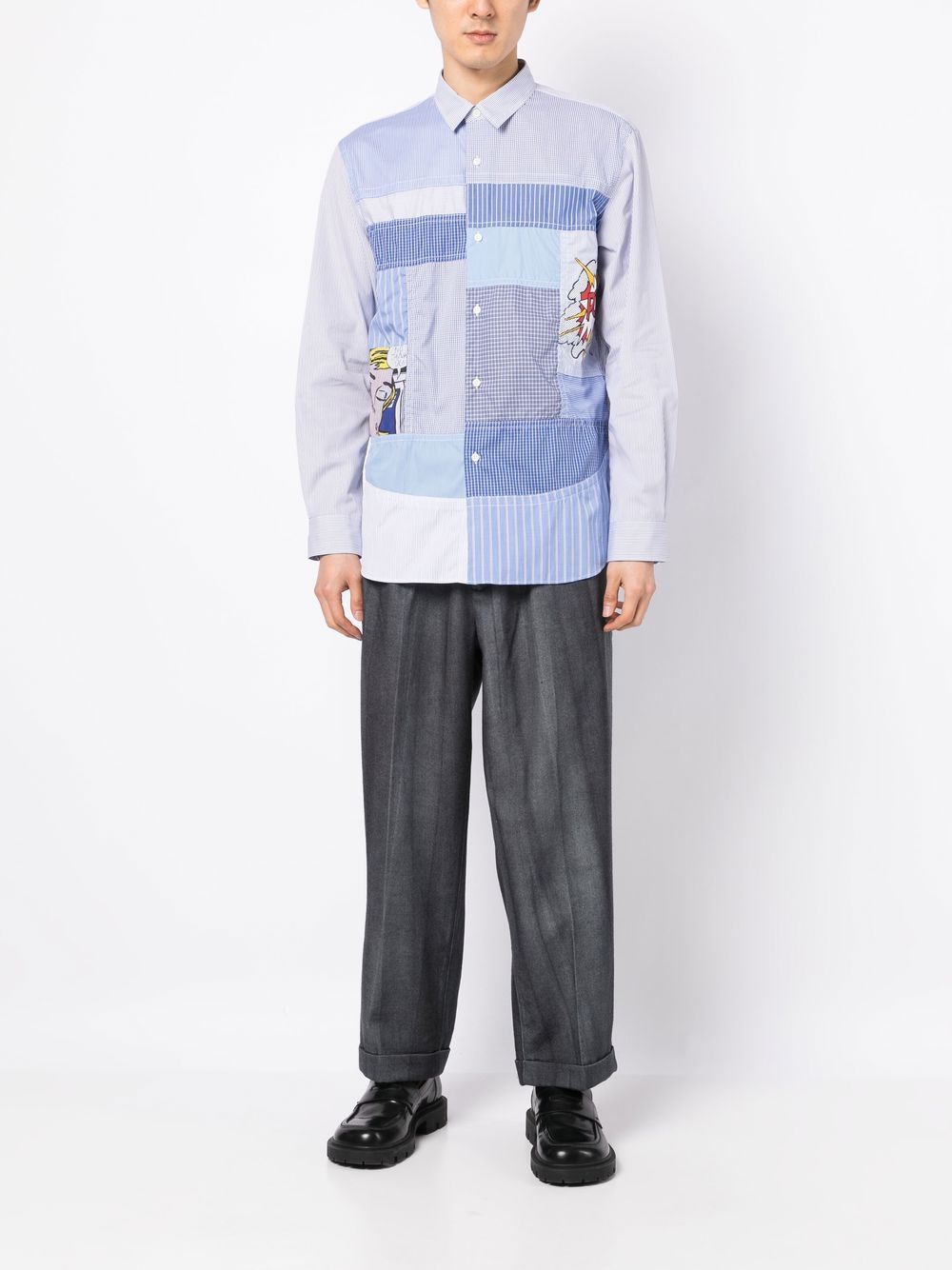 Shop Junya Watanabe Striped Patchwork Long Sleeve Shirt In Blue