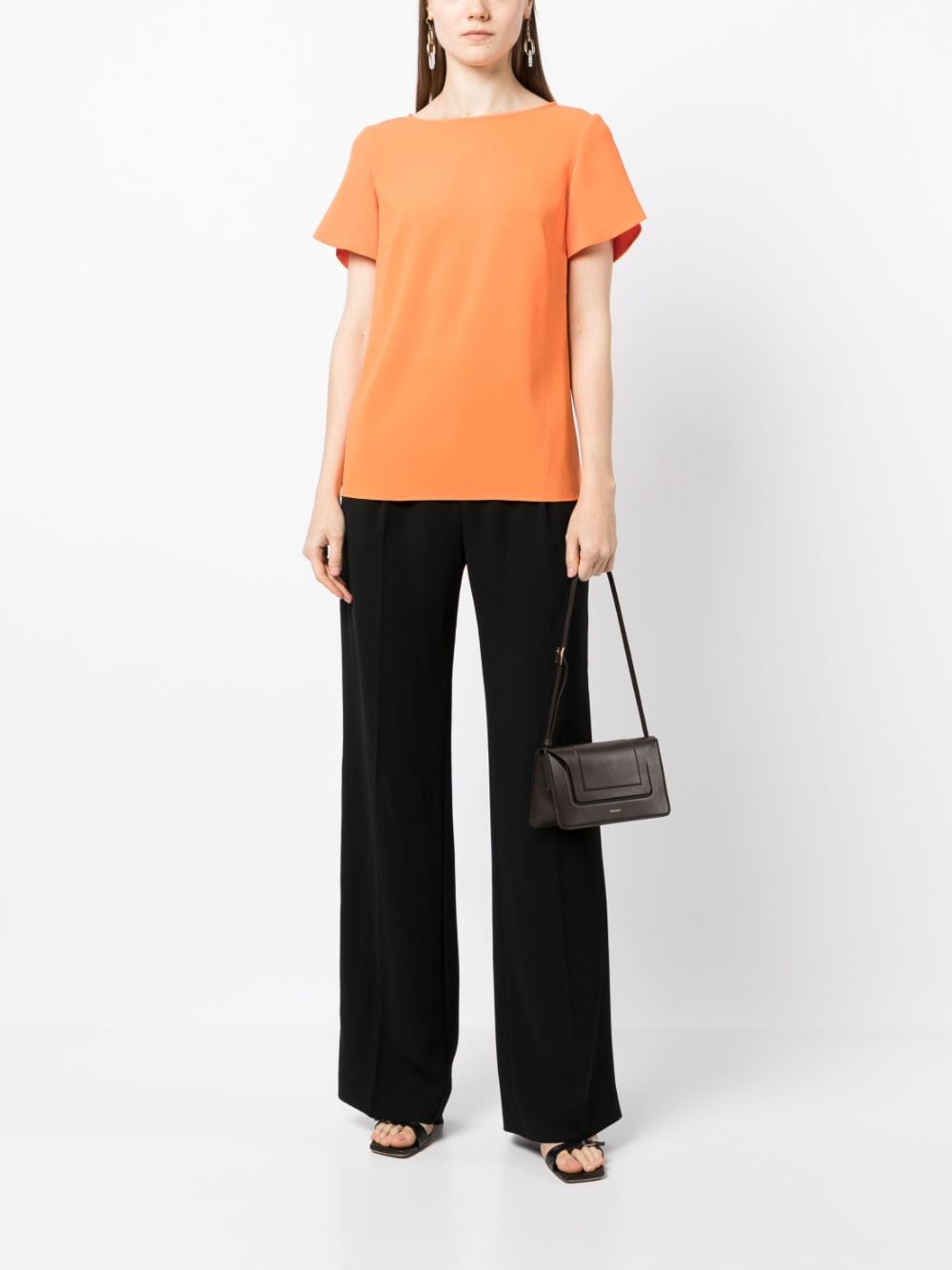 Shop Paule Ka Flared Short-sleeves Satin Blouse In Orange