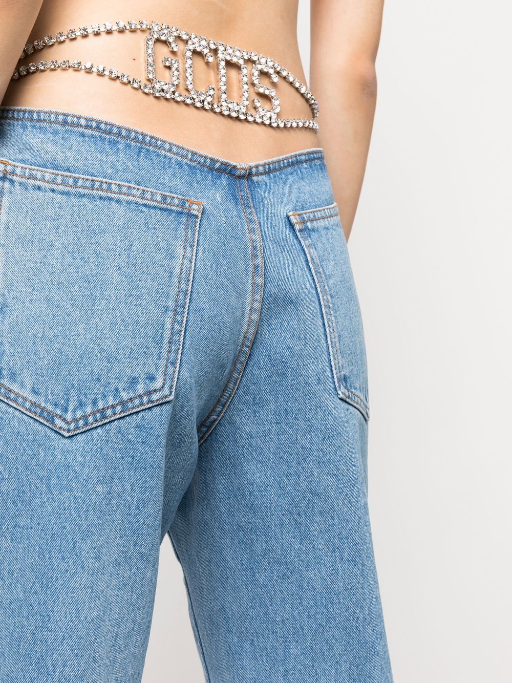 Shop Gcds Crystal-embellished Detail Straight Jeans In 蓝色