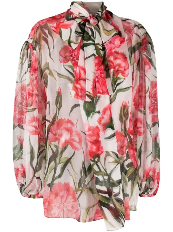 Dolce Carnation-print tie-neck Silk Blouse - Farfetch