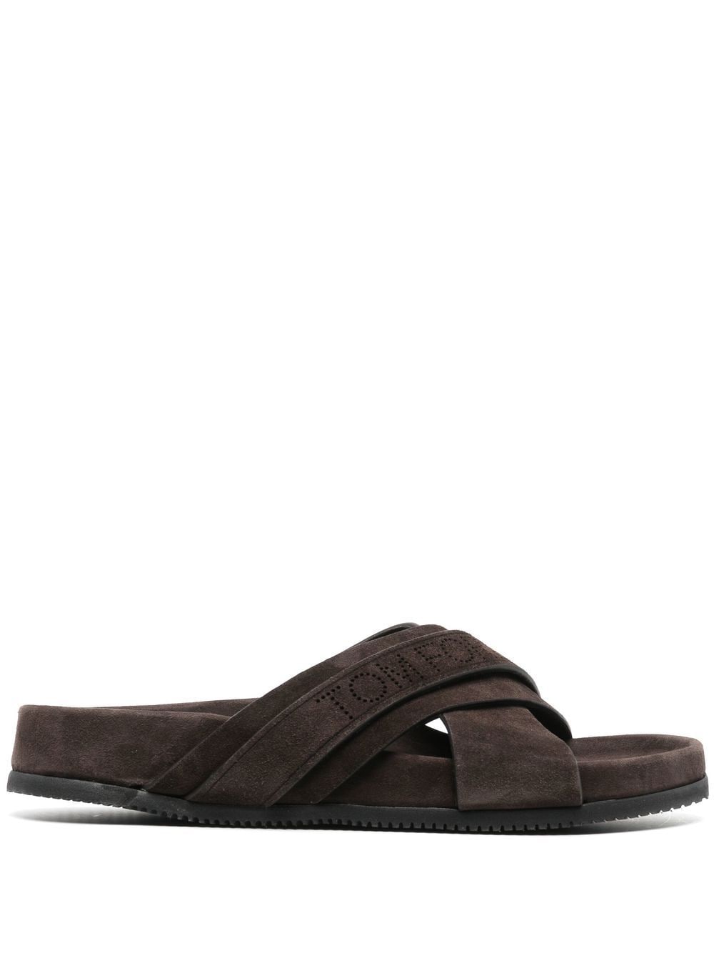 Tom Ford Logo-perforated Suede Slides In Brown