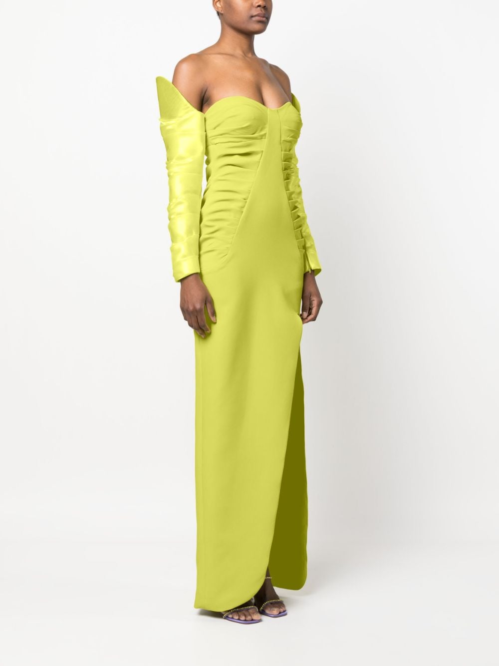 Shop Gaby Charbachy Off-shoulder Ruched Gown In Green