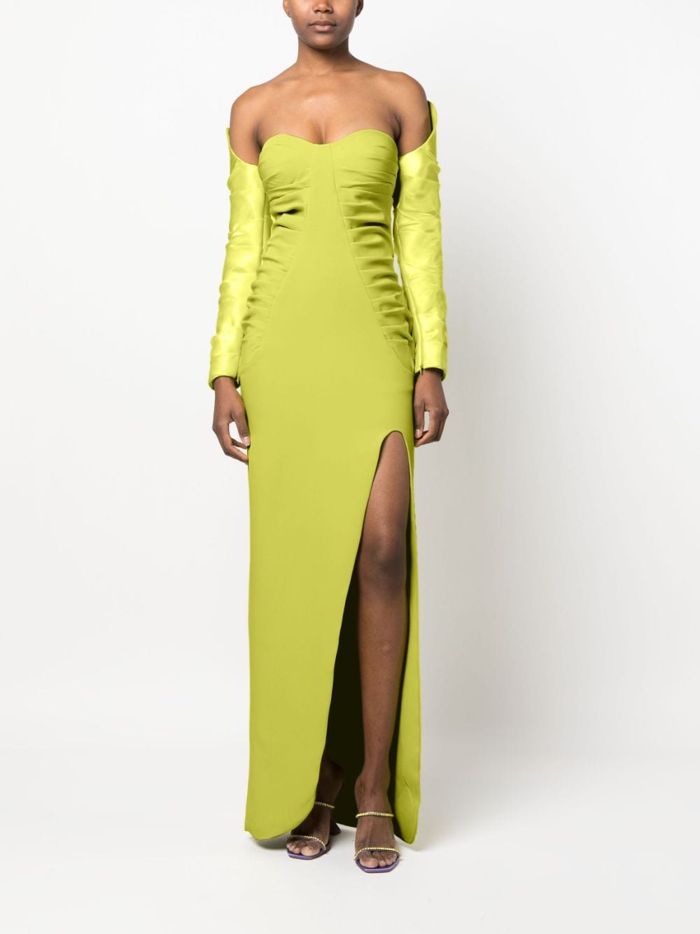 Shop Gaby Charbachy Off-shoulder Ruched Gown In Green