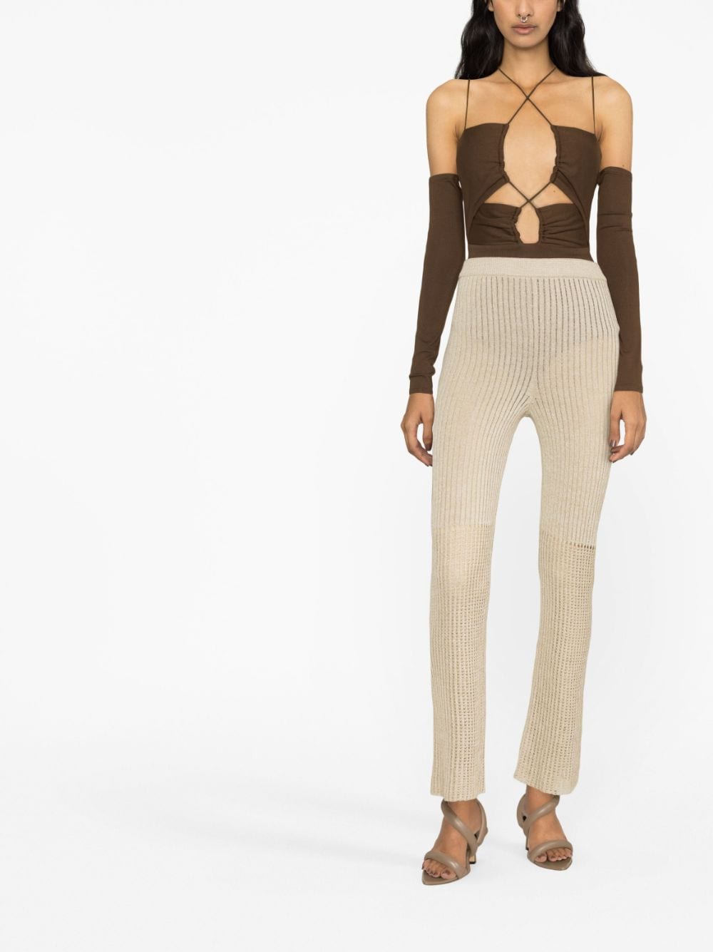 Shop Nanushka High-waisted Ribbed-knit Trousers In Neutrals