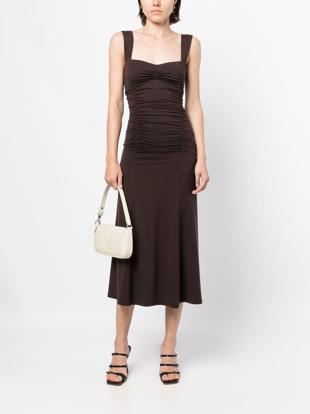 Shop Reformation Suvi Ruched Midi Dress In Brown