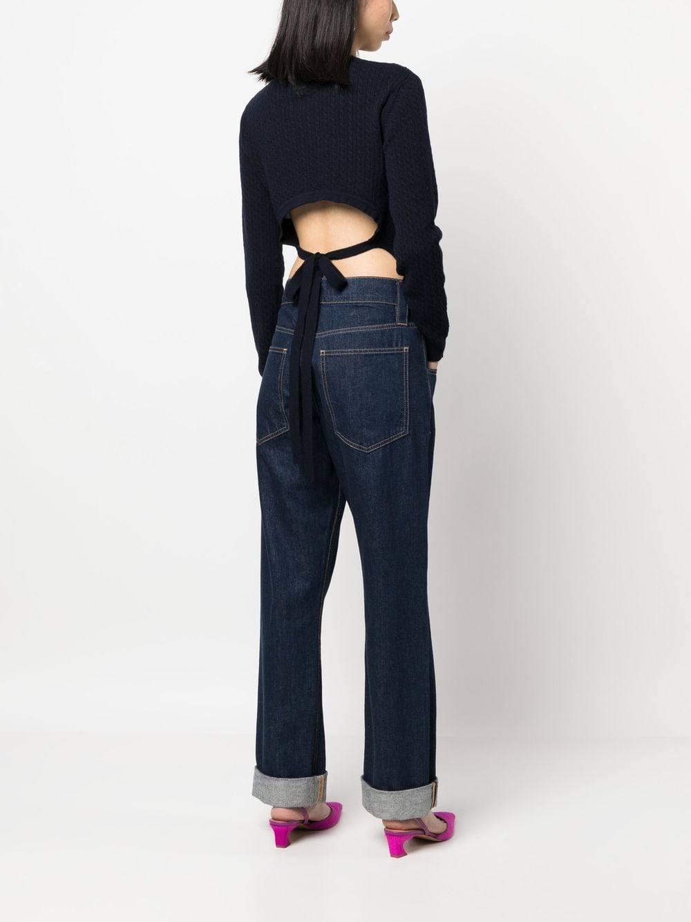 Shop Patou Cable-knit Rear-tie Cropped Jumper In Blau