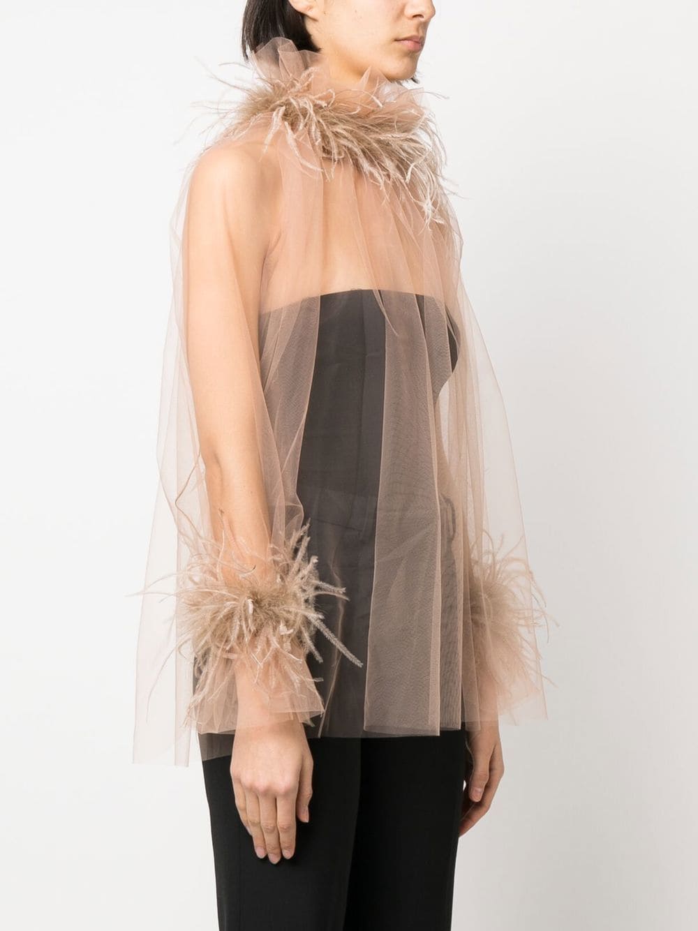 Shop Styland Feather-trim Sheer Blouse In Neutrals