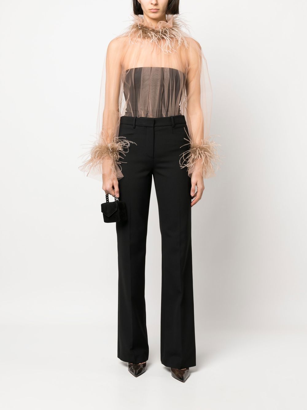 Shop Styland Feather-trim Sheer Blouse In Neutrals