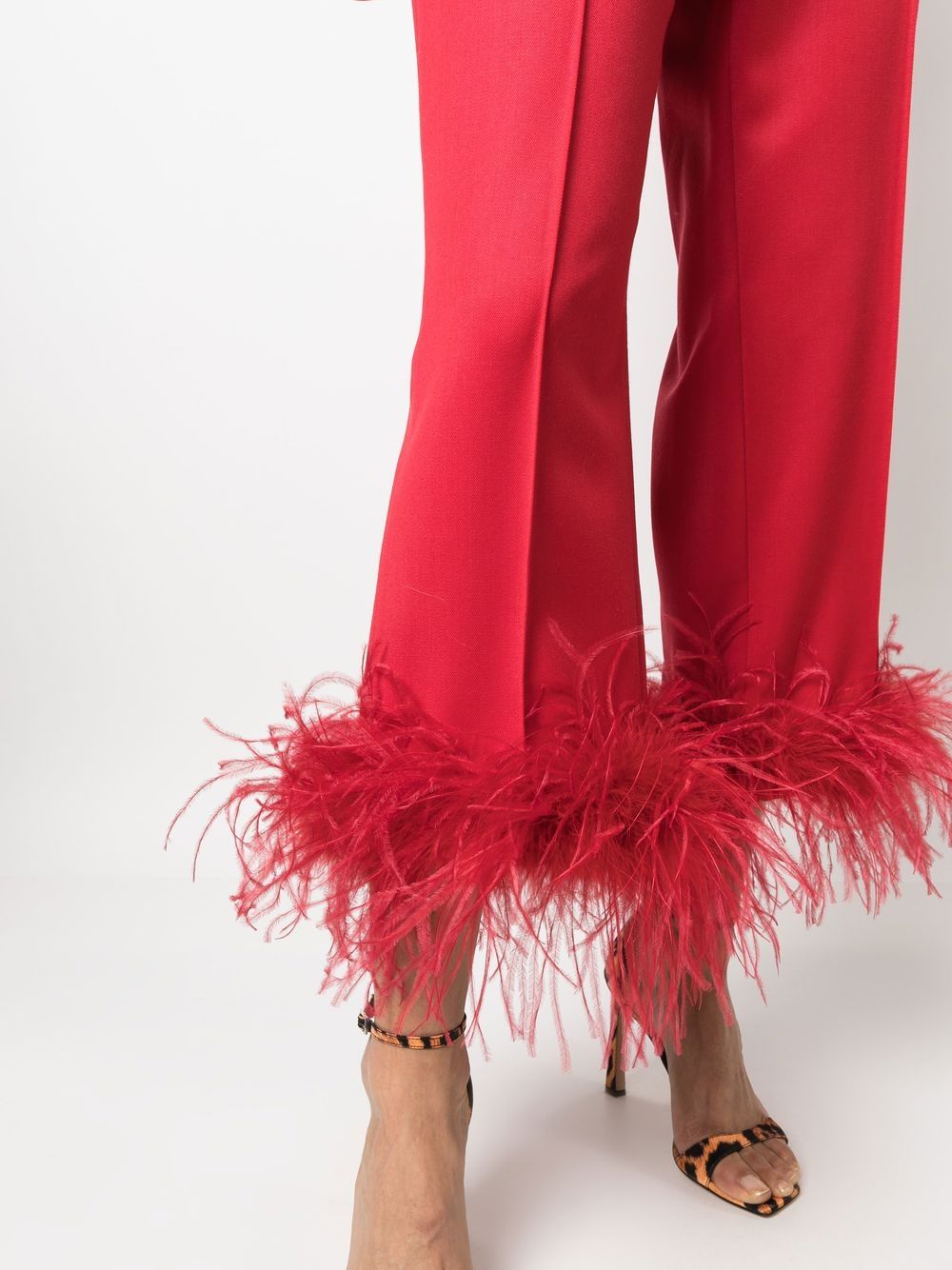 Shop Styland Feather-trimmed High-waisted Trousers In Red