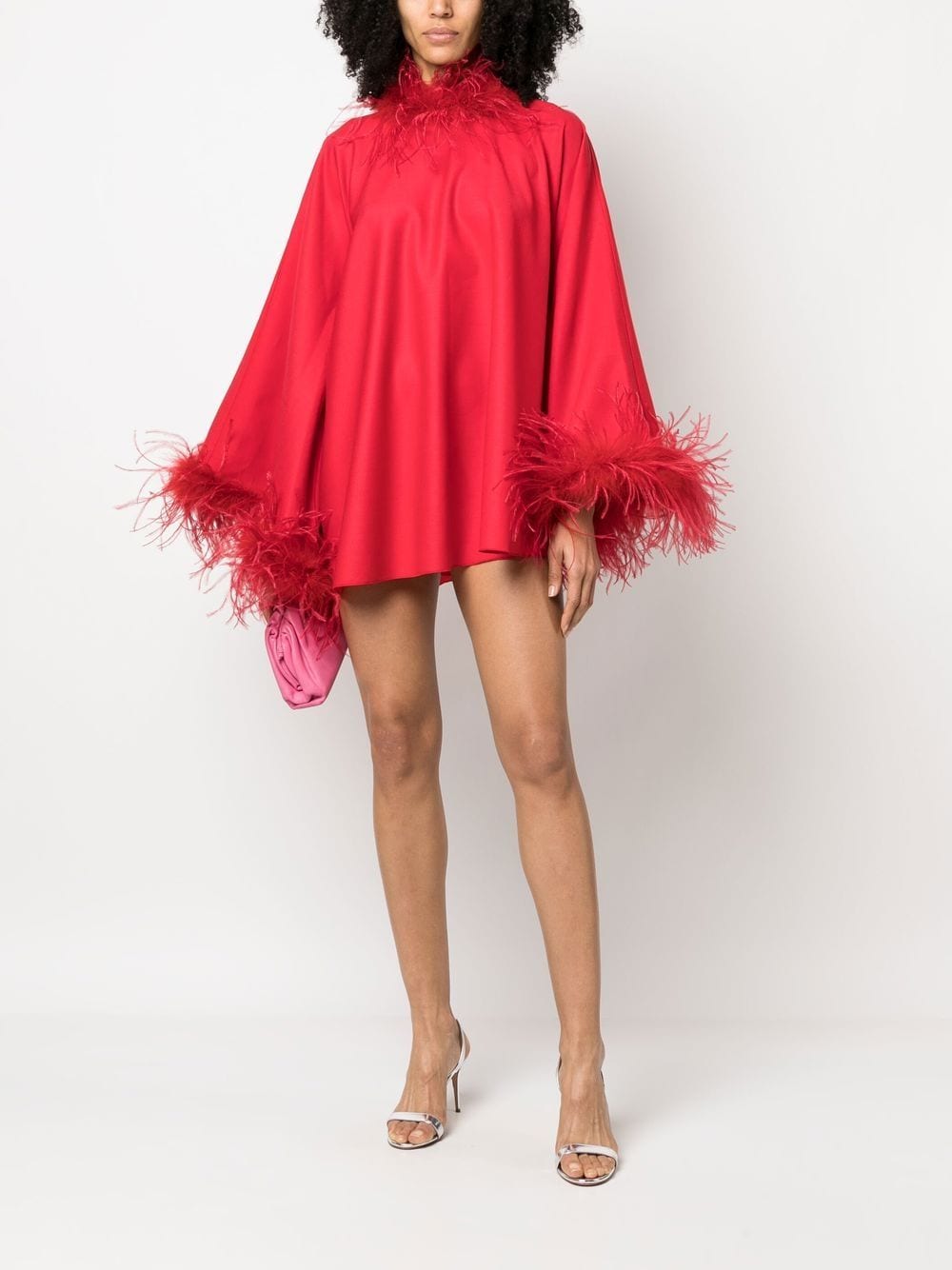Shop Styland Feather-trimmed Long-sleeved Minidress In Red