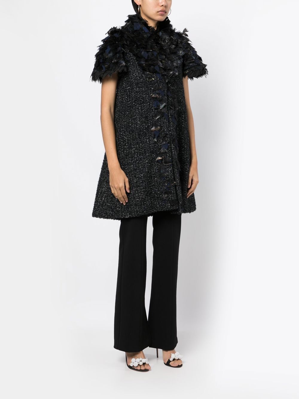 Pre-owned Chanel Feather-detail Tweed Coat In Black