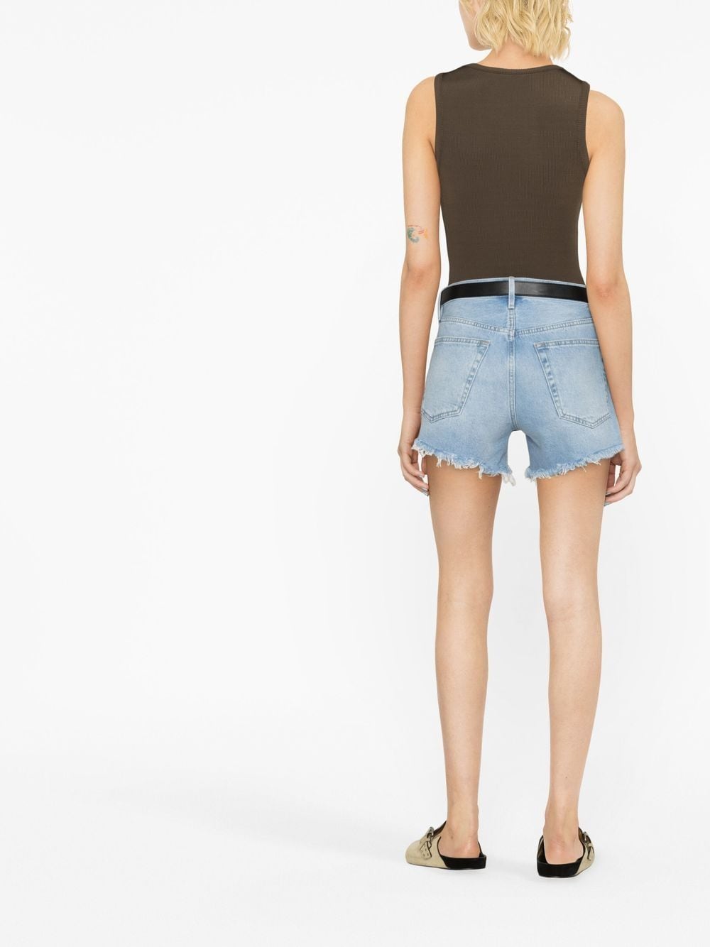 Shop Frame Distressed-hem Denim Shorts In Blue