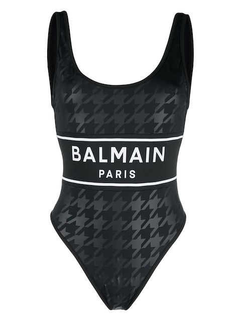 Balmain houndstooth-print logo-stripe swimsuit