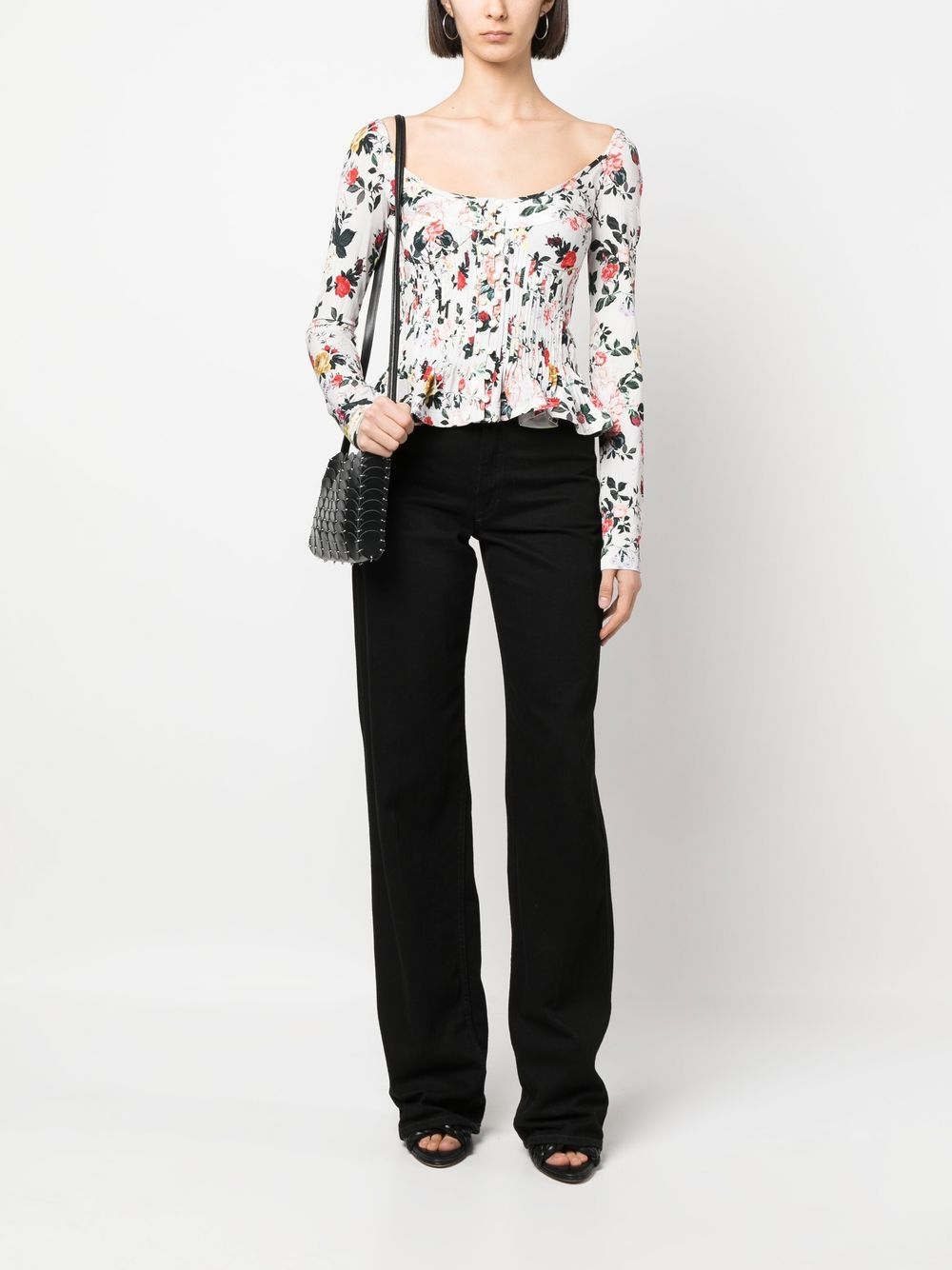 Shop Rabanne Floral-print Corset-style Blouse In 白色