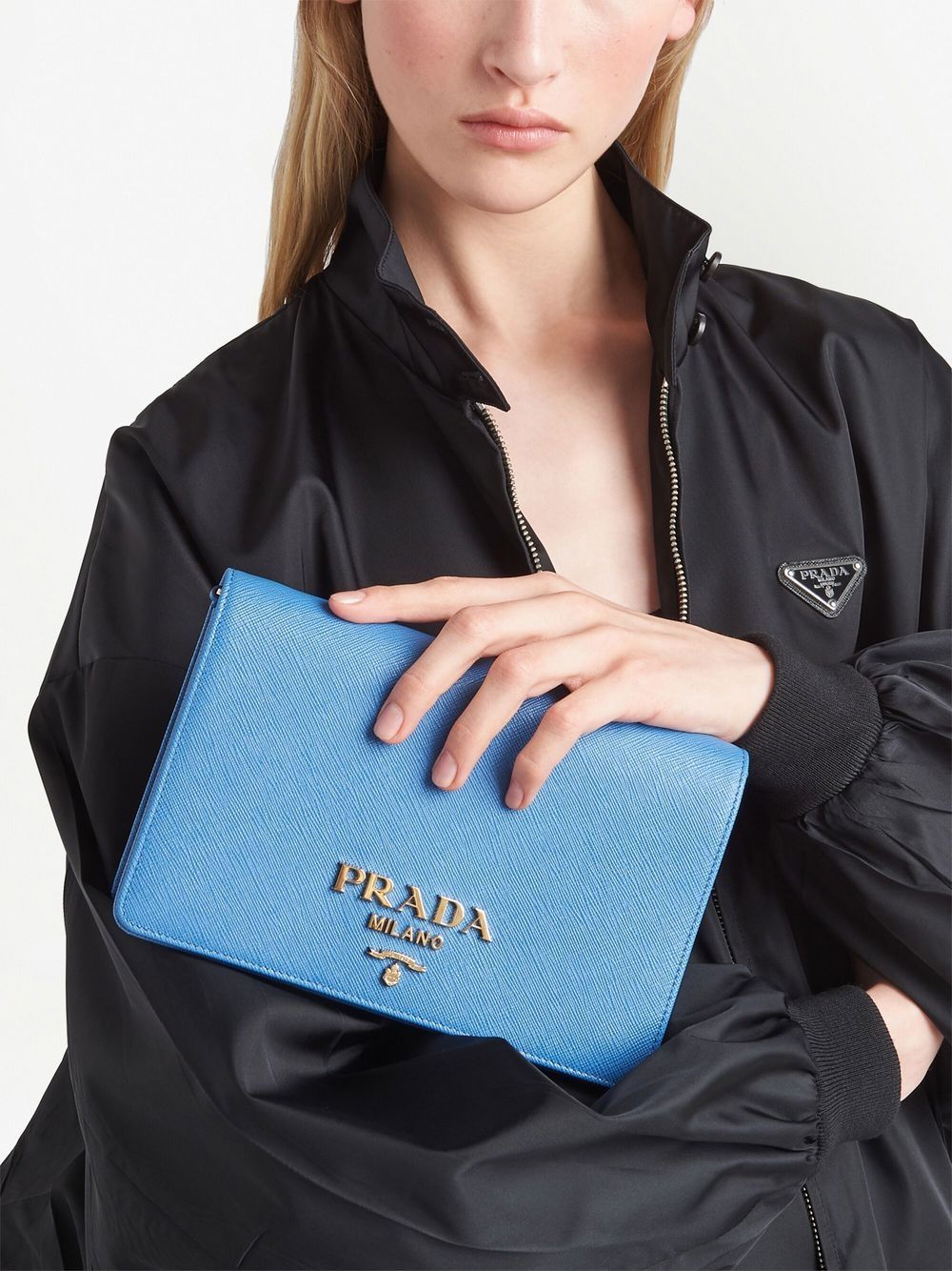 Shop Prada Logo Plaque Crossbody Bag In 蓝色